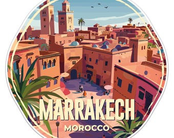 May include: A colorful illustration of the city of Marrakech, Morocco. The image features a circular design with a white border and a blue sky with white clouds. The city is depicted with red-orange buildings, a green palm tree, and a few people walking in the streets. The text "MARRAKECH" and "MOROCCO" are written in white letters on a yellow background.