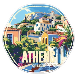 Puede incluir: Una ilustración colorida de una ciudad con edificios y árboles. El texto "ATHENS GREECE" está en la parte inferior de la imagen.