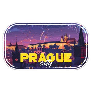 May include: A vintage-style illustration of Prague, Czech Republic, with a purple and blue night sky, fireworks, and the text "PRAGUE city".