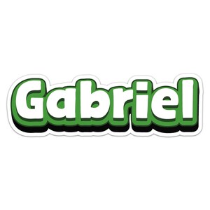 May include: A white name graphic with the word "Gabriel" in bold, outlined in black and filled with green.