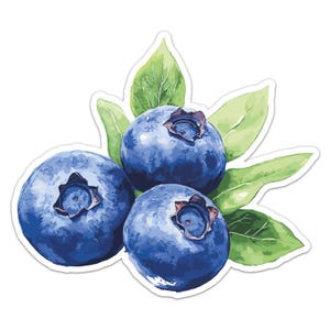 May include: Three blue blueberries with green leaves. The blueberries are clustered together and have a watercolor effect.