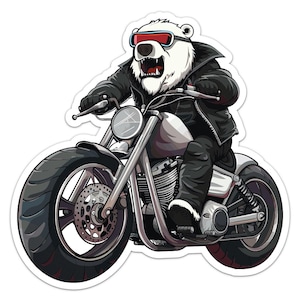 以下が含まれることがあります： 赤いサングラスと黒い革のジャケットを着た白いホッキョクグマが、黒と銀のオートバイに乗っています。