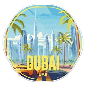 May include: A yellow and orange sports car drives down a road with palm trees on either side. The car is in front of a cityscape with tall buildings and a blue sky. The text "DUBAI UAE" is printed on the road.