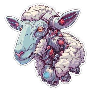 Può includere: Un adesivo con un'illustrazione stilizzata di una testa di pecora robotica. La pecora ha un viso azzurro e un naso rosa, con componenti meccanici che sostituiscono parti del suo corpo. Il design incorpora dettagli rossi e argentati, con lana bianca e soffice.