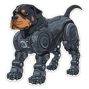 Può includere: Un'illustrazione di un Rottweiler in stile cartone animato che indossa una tuta robotica nera e grigia. Il cane ha il naso marrone e la pelliccia marrone intorno agli occhi. La tuta robotica ha un design circolare sul petto e sulle braccia.
