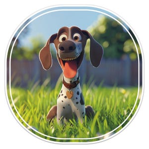 Puede incluir: Un perro de dibujos animados con pelaje marrón y blanco está sentado en un campo de hierba. El perro lleva un collar marrón con una etiqueta en forma de corazón. El perro está sonriendo y tiene la lengua fuera.