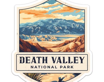 May include: A sticker featuring a stylized landscape of Death Valley National Park. The design includes a mountain range under a sunset sky, with the text "DEATH VALLEY NATIONAL PARK" in a rectangular banner.