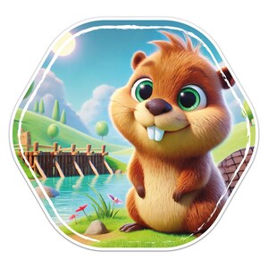 May include: A cartoon beaver with brown fur and big green eyes smiles at the camera. The beaver is standing in front of a wooden bridge and a blue lake. The background is a green grassy hill with a blue sky.