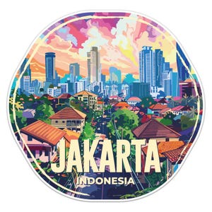 Può includere: Un'illustrazione colorata dello skyline di Giacarta con il testo "GIACARTA INDONESIA" in un cerchio giallo.