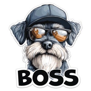 Peut inclure: Un schnauzer miniature noir et blanc portant une casquette de baseball bleue et des lunettes de soleil. Le chien regarde directement la caméra. Le texte "BOSS" est écrit en lettres noires sous le chien.