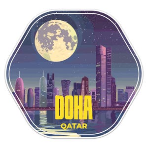 May include: A stylised illustration of the Doha skyline at night with a large full moon in the background. The city is depicted in shades of purple, blue, and white, with a yellow reflection of the city lights in the water. The text "DOHA" and "QATAR" are in yellow.