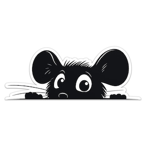 Könnte beinhalten: Eine schwarz-weiße Comic-Maus, die mit großen Augen und einem überraschten Gesichtsausdruck über eine Oberfläche schaut.