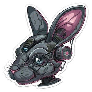 May include: A stylised illustration of a robotic rabbit head with a grey and silver metallic finish. The rabbit has large, pink ears with a mechanical interior. The eyes are blue and the nose is pink.