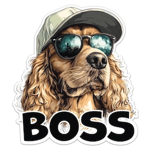Puede incluir: Un perro cocker spaniel marrón y blanco con una gorra de béisbol negra y blanca y gafas de sol. El perro mira hacia la derecha y el texto "BOSS" está debajo del perro.