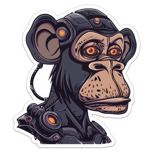 May include: A stylized illustration of a monkey wearing a futuristic helmet and armor. The monkey has large, orange eyes and a serious expression. The helmet has a glowing orange light on the side.