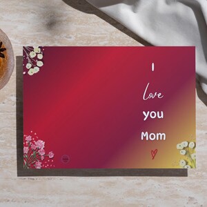 Tarjeta para el Día de la Madre "Te amo, mamá", color burdeos, rojo y dorado (en blanco por dentro) / Fácil de descargar, imprimir y cortar / Tarjeta plegable imprimible / Regalo para mamá