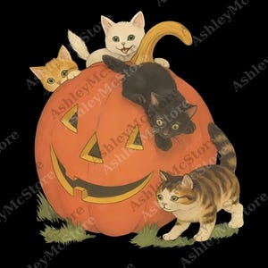 May include: A vintage-style Halloween illustration featuring a carved orange pumpkin with a smiling face and several cats. The cats are in various poses, including peeking over the pumpkin and climbing on it. The background is black.