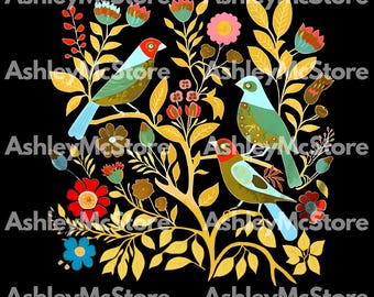 Cottagecore Vögel und Blumen png, Folk Art Scandi Art, Übergrößen und übergroß, Retro Vogel Geschenke, Vintage Blume, digitale Datei