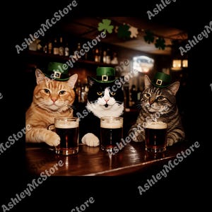 May include: Three cats wearing green St. Patrick's Day hats are seated at a bar, each with a pint of dark beer. The cats are orange, black and white, and tabby. A bar with bottles and shamrock decorations is in the background.