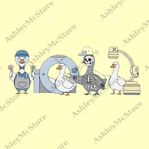 May include: A humorous illustration of geese in a medical context. One goose is dressed in a blue cap and overalls, holding "L" and "R" signs. Other geese are depicted with a CT scanner and an X-ray machine, with one goose's skeleton visible.