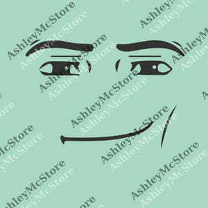 May include: A black line drawing of a face with a suggestive expression. The eyes are partially closed, and the eyebrows are raised. The mouth is curved into a slight smirk. The background is a light green colour with the text "AshleyMcStore" repeated diagonally.