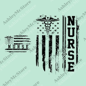 May include: Black and white graphic design featuring an American flag motif with a medical caduceus symbol and the word "NURSE". The design includes stars, stripes, and a stylized heartbeat line, suitable for healthcare professionals.