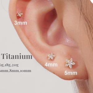 Può includere: Primo piano di un orecchio con tre diverse dimensioni di orecchini in titanio a forma di fiore e stella. Gli orecchini sono adornati con piccole gemme trasparenti. L'immagine mostra anche un set di orecchini dorati a perno. Il testo sull'immagine recita "G23 Titanium".