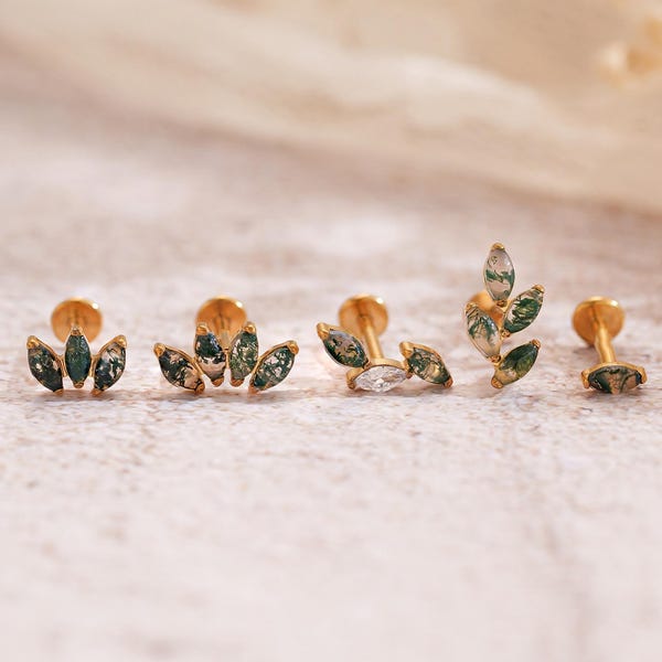 Titan Natürlicher Moosachat Ohrstecker Labret gefädelt • Ohrring mit flacher Rückseite • Tragus Bolzen • Helix Ohrstecker • Cz Ohrstecker • Knorpel Ohrstecker Nasenstecker
