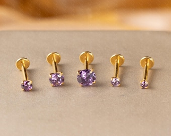 Lila Farbe CZ Titan Labret Ohrstecker, Push Pin Flache Rückseite Ohrringe winzigen Tragus Ohrring, vorne Helix Ohrring, Tragus Piercing Bolzen
