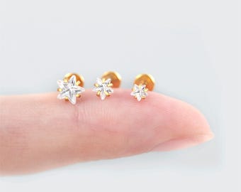 20G/18G/16G CZ Star Push Pin Labret • Threadless Flat Back Earring • Tragus Stud • Flat Back Stud • Helix Stud • Cartilage Stud