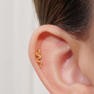 May include: A gold-coloured, snake-shaped earring is shown in the ear. The earring has a textured surface and a curved design. The earring is a small piece of jewellery.