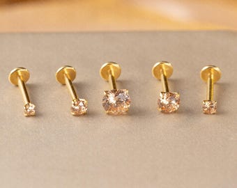 Champagne CZ Titanium Labret Stud Earrings, Push Pin Flat Back Earrings Tiny Tragus Earring, Forward Helix Earring, Tragus Piercing Stud
