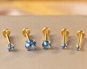 Mittlere Aque Blau CZ Titan Labret Ohrstecker, Push Pin Flache Rückseite Ohrringe winzigen Tragus Ohrring, Weiterleitungs Helix Ohrring, Tragus Piercing Bolzen