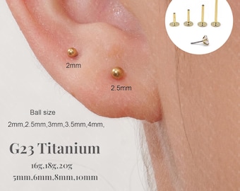Puces d'oreilles labret boule en titane, Boucles d'oreilles sans fil à dos plat avec épingles, Petite boucle d'oreille Tragus, Boucle d'oreille hélice avant, Piercing Tragus