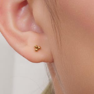 Puede incluir: Primer plano de una oreja con un pequeño pendiente de oro. El pendiente presenta tres pequeñas cuentas esféricas agrupadas. El pendiente es un diseño simple y minimalista.