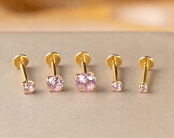 Hellrosa CZ Titan Labret Ohrstecker, Push Pin Flache Rückseite Ohrringe winzigen Tragus Ohrring, Freuen Helix Ohrring, Tragus Piercing Bolzen