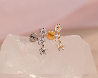Titan Blume Ohrringe Labret mit Gewinde • Push Pin Ohrring mit flacher Rückseite • Tragus Ohrstecker • Helix Ohrstecker • Cz Ohrstecker • Knorpel Ohrstecker • Nasen Ohrstecker