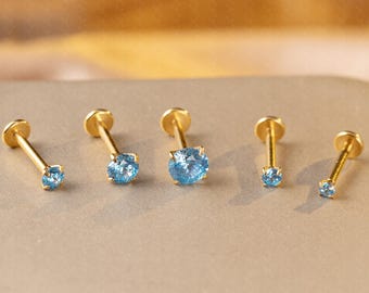 Aque Blue CZ Titan Labret Ohrstecker, Push Pin Flat Back Ohrringe winzigen Tragus Ohrring, weiter vorne Helix Ohrring, Tragus Piercing Stud