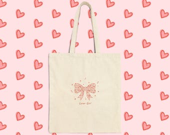 Tiny Heart Bow Canvas Tote, Valentine Accessory, Heart Pattern Tote Bag, Gift for Valentine's Day, Women's Tote