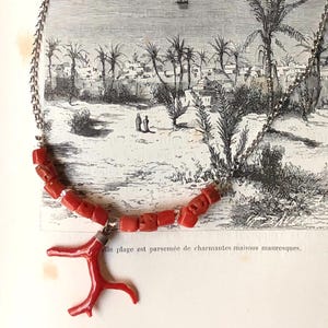 Genuine coral branch necklace, genuine red coral beads and steel chain