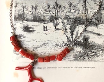 Genuine coral branch necklace, genuine red coral beads and steel chain