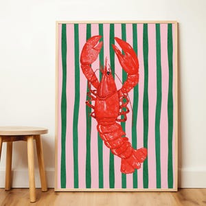 Lobster Stripe Wall Art | Vintage Poster, Retro Lobster Wall Art, Fish Print, Fisherman Aesthetic, Maximalist Wall Art, Maximalist Poster