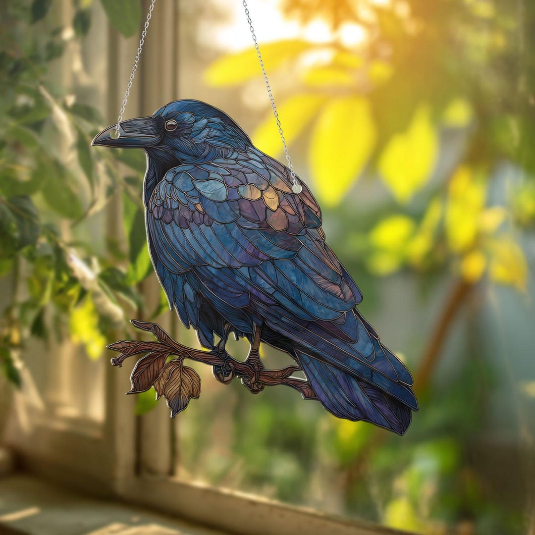 Raven Window Hanging Art – Majestic Gothic Crow on Branch Decor, Dark ...