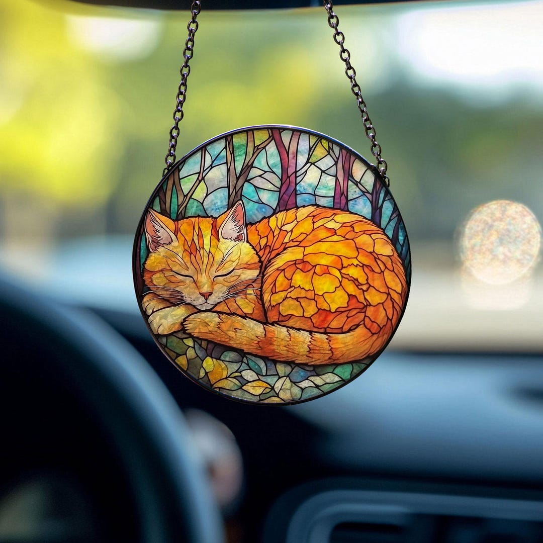 Sleeping Cat Stained Glass Suncatcher, Cozy Window Decor, Orange Tabby ...