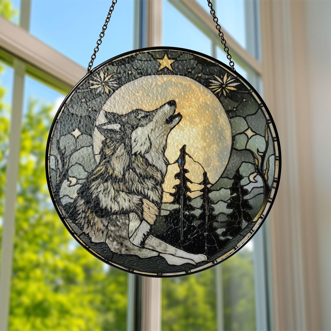 Window Howling Howling Wolf Stained Glass Suncatcher–round Moonlight Window Hanging ...