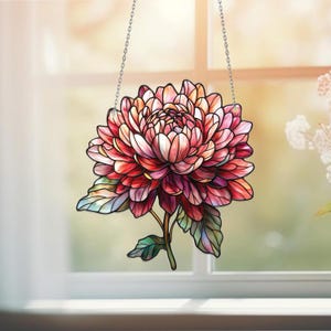 ピンクのダリアの花の窓装飾、花のアクリル窓吊り下げアート装飾、花の部屋の装飾、彼女への贈り物、母の日、お母さんへの贈り物