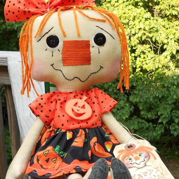 Happy Fall Annie Handmade Primitive Raggedy Ann Annie Doll with Tag and Pumpkin Face button