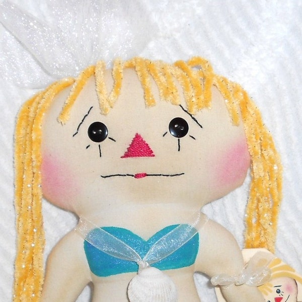 Custom Order for Cynthia Laube Mermaid Annie Handmade Primitive Raggedy Ann Annie with Seashell Necklace and tag