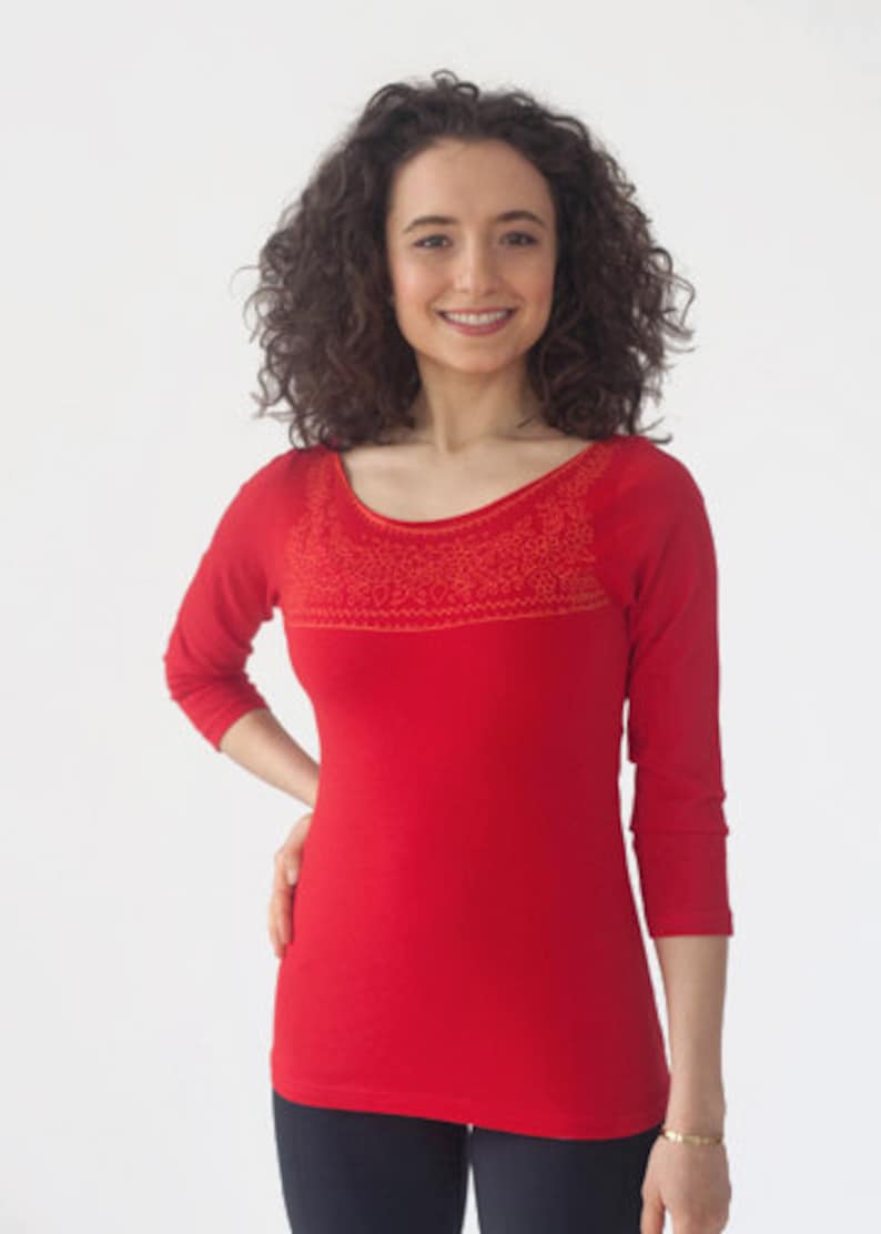 Red Long Sleeve Tee Boat Neck T-shirt 3/4 Sleeve Shirt - Etsy