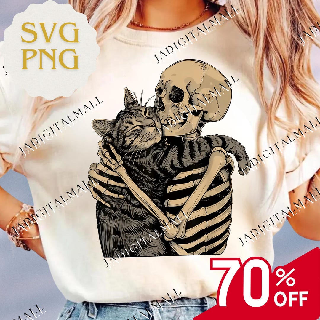 Skeleton Hugging Cat PNG Svg Psd, Cute Halloween Skeleton and Cat Art ...